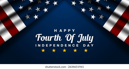 Fourth Of July Is Independence Day. American flags and star. Great for posters, banners and social media. Blue background.