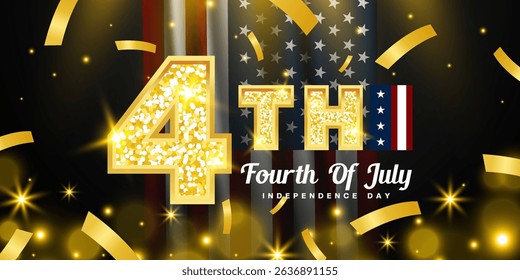Fourth Of July Is Independence Day. American flag, number four, ribbon and light. Great for posters, banners and social media. Black background.