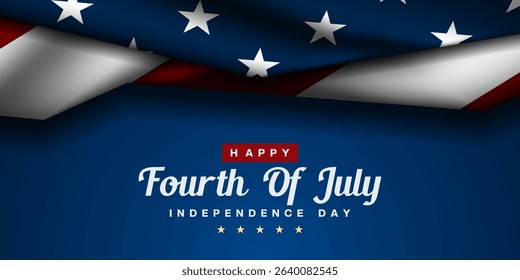 Fourth of July Independence Day. American flag on top. Great for posters, banners and social media. Blue background.