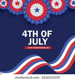 Fourth of July. Independence Day background with Paper fans in colors of the American flag with star and stripe ribbon
