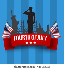 Fourth of July. Independence day background with red ribbon and waving USA flag. Vector illustration