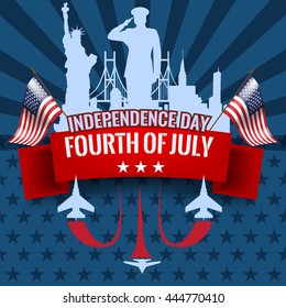 Fourth of July. Independence day background with red ribbon and waving USA flag. Vector illustration. Military jet planes with vapor trail