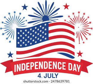 fourth of July independence day banner layout design, vector illustration. Independence Day logo with American flag colors and fireworks, celebrating the 4th of July.