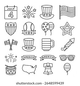 Fourth of July and Independence day celebration icon set in line vector style, logo illustrations, american holiday decoration signs linear pictograms package isolated on white background.