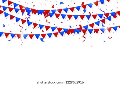 Fourth of July Independence Day. Colorful bunting flags with Confetti and ribbons. Vector illustration