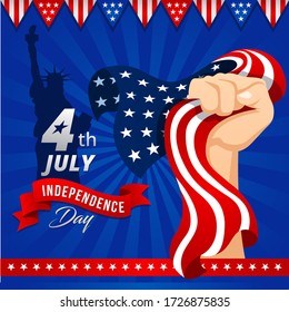 Cuarto concepto del Día de la Independencia de julio con la mano sosteniendo la bandera estadounidense. Ilustración del vector