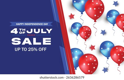 Fourth of July. Independence Day Sale Banner Design with Balloon and star flag color