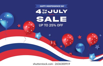 Fourth of July. Independence Day Sale Banner Design with Balloon and star flag color