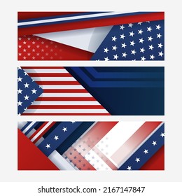 Fourth of July Independence Day. Set of three wide banner background with US flag decoration, navy blue, red and white color. Vector illustration
