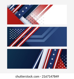 Fourth of July Independence Day. Set of three wide banner background with US flag decoration, navy blue, red and white color. Vector illustration