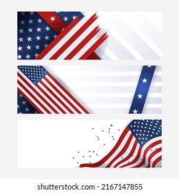 Fourth of July Independence Day. Set of three wide banner background with US flag decoration, navy blue, red and white color. Vector illustration