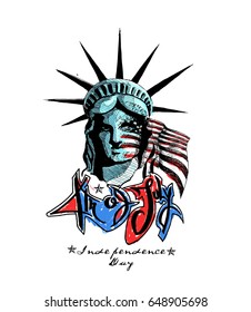 Fourth of july independence day with statue of freedom, Hand Drawn Sketch Vector illustration.