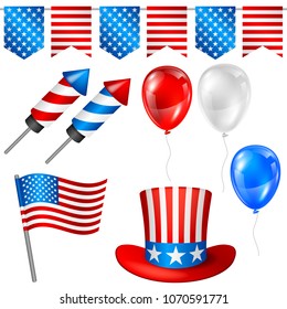 Fourth of July Independence Day symbols set. American patriotic illustration.