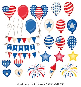 Fourth of July Independence Day symbols set. American patriotic illustration of balloons, flags, stars, fireworks and firecracker with red and blue colors.