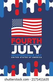 Fourth of July. Independence Day in United States of America. Happy national americans holiday, celebrated annual in July 4. American flag. Country freedom day. Patriotic event design. Vector poster