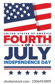 Fourth of July. Independence Day in United States of America. Happy national americans holiday, celebrated annual in July 4. American flag. Country freedom day. Patriotic event design. Vector poster