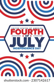 Fourth of July. Independence Day in United States of America. Happy national americans holiday, celebrated annual in July 4. American flag. Country freedom day. Patriotic event design. Vector poster