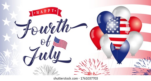 Fourth of July Independence day USA, vintage lettering with balloons, salute & flag. Typography for greeting card, decoration and covering. Concept poster of 4th of July