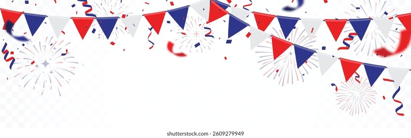 Fourth of July Independence day of usa, celebrations banner, red, blue confetti and flags