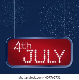 Fourth of July Independence Day USA. Designed in american flag colors with firework in shining retro light banner.