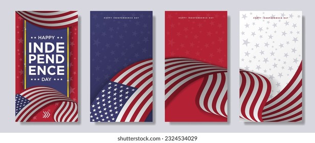 El 4 de julio, Día de la Independencia Vertical de las redes sociales: Afiches de bienvenida. Bandera continua de EE.UU. en plantillas de tres pisos con espacio de copia. Ilustraciones vectoriales del 4 de julio. EPS 10.

