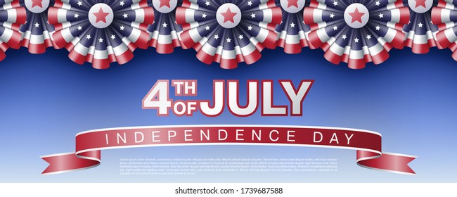 Cuarto de julio Día de la Independencia página web top o banner vector plantilla con decoraciones realistas de emparejamiento en los colores de la bandera de Estados Unidos con estrellas y rayas
