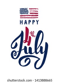 Fourth of July lettering with flag. Happy USA  Independence Day. Vector illustration for greeting card, poster and banner template.