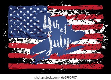 Fourth of July lettering. Independence day of the USA. Vector american grunge flag. National flag for poster and card design. 4-th of July text.