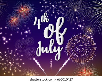 Fourth of July lettering  on sky in night time with colorful fireworks in vector illustration. Concept for banner, poster to celebrate on Independence day of America