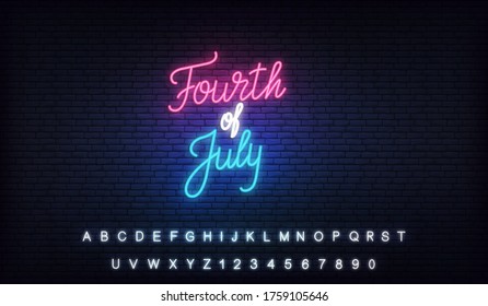 Fourth of July neon banner. USA Independence Day glowing lettering sign