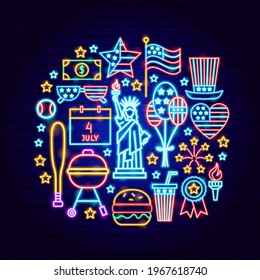 Fourth of July Neon Concept. Vector Illustration of USA Promotion.