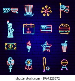 Fourth of July Neon Icons. Vector Illustration of USA Promotion.