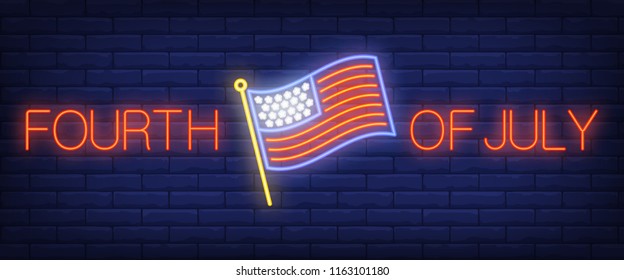 Fourth of July neon text with USA flag. Independence Day, celebration, advertisement design. Night bright neon sign, colorful billboard, light banner. Vector illustration in neon style.