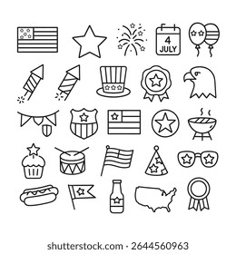 Fourth of July outline icon set -vector elements for independence day, celebration, and patriotic symbols