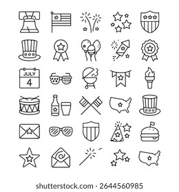 Fourth of July outline icon set. Festive vector elements of celebration, barbecue, fireworks, and patriotic symbols