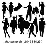 Fourth of July Parade silhouette, Uncle Sam Lady silhouette, independence or victory day of USA. Aunt Samantha USA Patriotic Single or Couples Costume 4th of July shadow vector 