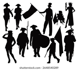 Silhueta do desfile do quarto de julho, silhueta do tio Sam Lady, dia da independência ou da vitória dos EUA. Tia Samantha USA Patriótica Single or Couples Traje 4 de julho sombra vetor 