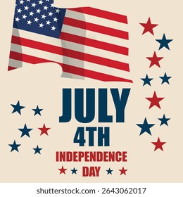 Fourth of July Patriotic Poster with American Flag and Stars. Vector illustration celebrating July 4th with a stylized American flag, red and blue stars.