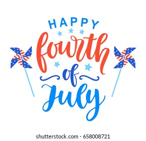 Fourth of July poster with hand written ink lettering. United States of America Independence day typographic design for banner, brochure, greeting card template. Vector illustration