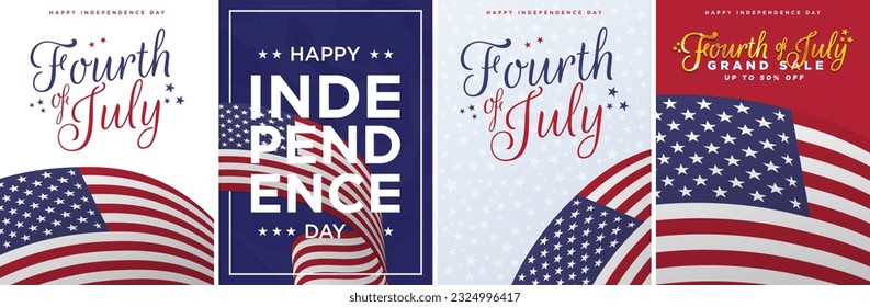 Fourth of July Poster Set. Happy Independence Day Greeting Card Posters. Editable Vector Illustration. EPS 10.