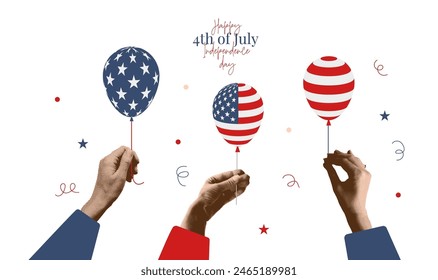 The fourth of July retro greeting card template. Halftone collage Hands with US flag balloons. Vintage vector illustration