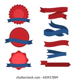 Fourth Of July Ribbons, Shields, Labels And Banners. Collection of July fourth ribbons shield and other badges with banners, labels, ribbons for fourth of july holidays patriotic red and blue event.