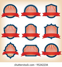 Fourth Of July Ribbons, Shields, Labels And Banners/ Collection of shield and other badges with banners, labels, ribbons  for fourth of july holidays or patriotic red and blue event