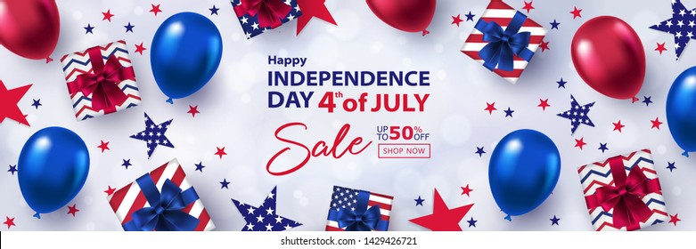 Fourth of July Sale banner. 4th of July holiday background with bright helium balloons, gift boxes and confetti stars. USA Independence Day design for sale, discount, advertisement, web.
