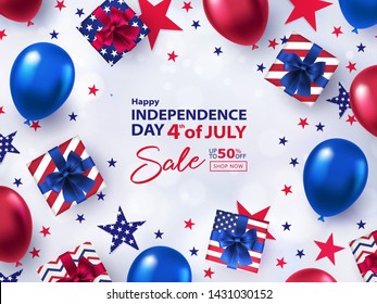 Fourth of July Sale banner. 4th of July holiday background with bright helium balloons, gift boxes, confetti stars. USA Independence Day design for sale, discount, advertisement, web. Place for text