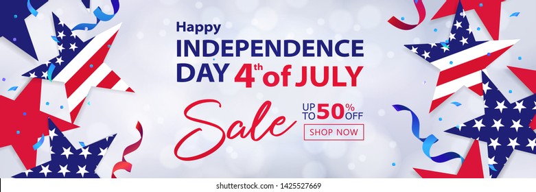 Fourth of July Sale long horizontal banner. 4th of July holiday background. USA Independence Day design for sale, discount, advertisement, web. Place for your text