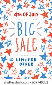 Fourth of July sale poster design. Independence Day card template with amazing glitter stars. Vector illustration 