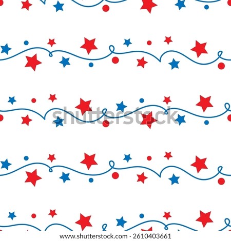 Fourth of July seamless background of garland with stars in red and blue colors. Independence day of America festive wallpaper. Patriotic American holiday. Vector illustration.