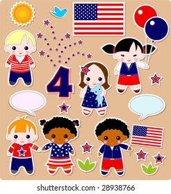 Fourth of July. Set of children. All images are separated