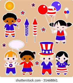 Fourth of July. Set of children. All images are separated